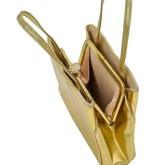50s Gold Mid Century Kiss Lock Handbag Top Handle Bag Formal Evening Bag Wedding - Picture 6 of 6